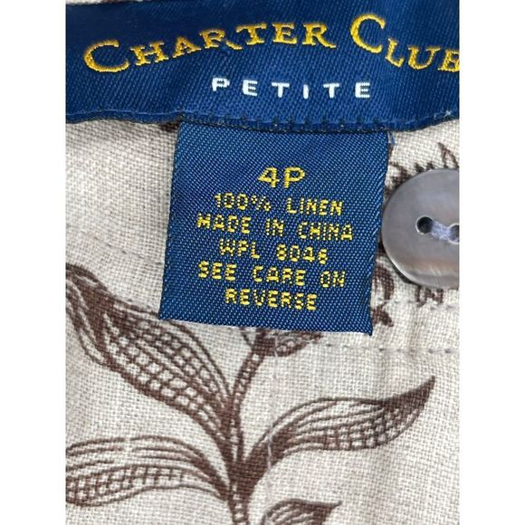 Charter Club Linen Pants Women 4 Petite Tan Brown Floral High‎ Waist Tapered - Picture 7 of 12